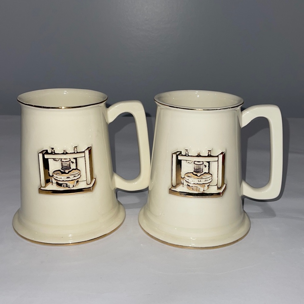 Vintage Porcelain Cider or Beer Steins Set of 2 Gold Trim and Decor Cider Press